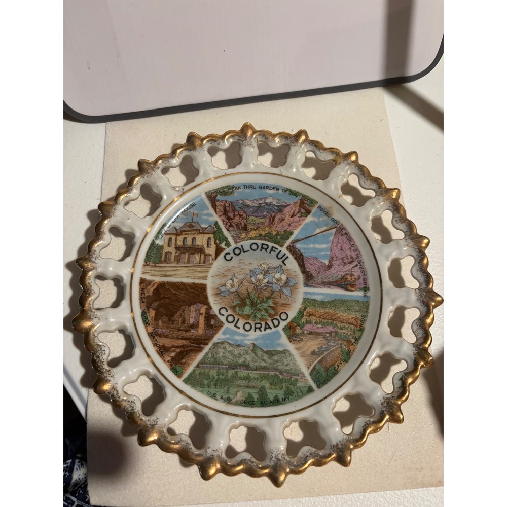 Vintage Colorful Colorado Souvenir Plate Reticulated Heart Edge Gold Trim 7.25"